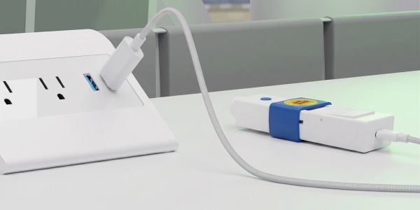 A white power strip with USB ports and a connected charging cable on a desk.