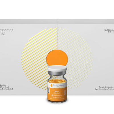 A vial of Nutri Complex displayed with modern graphic design.