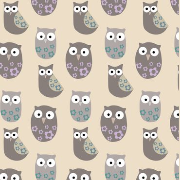 Pattern of cartoon owls with floral designs.