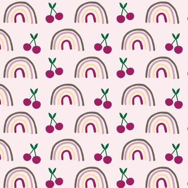 Pattern of rainbows and cherries on a light pink background.