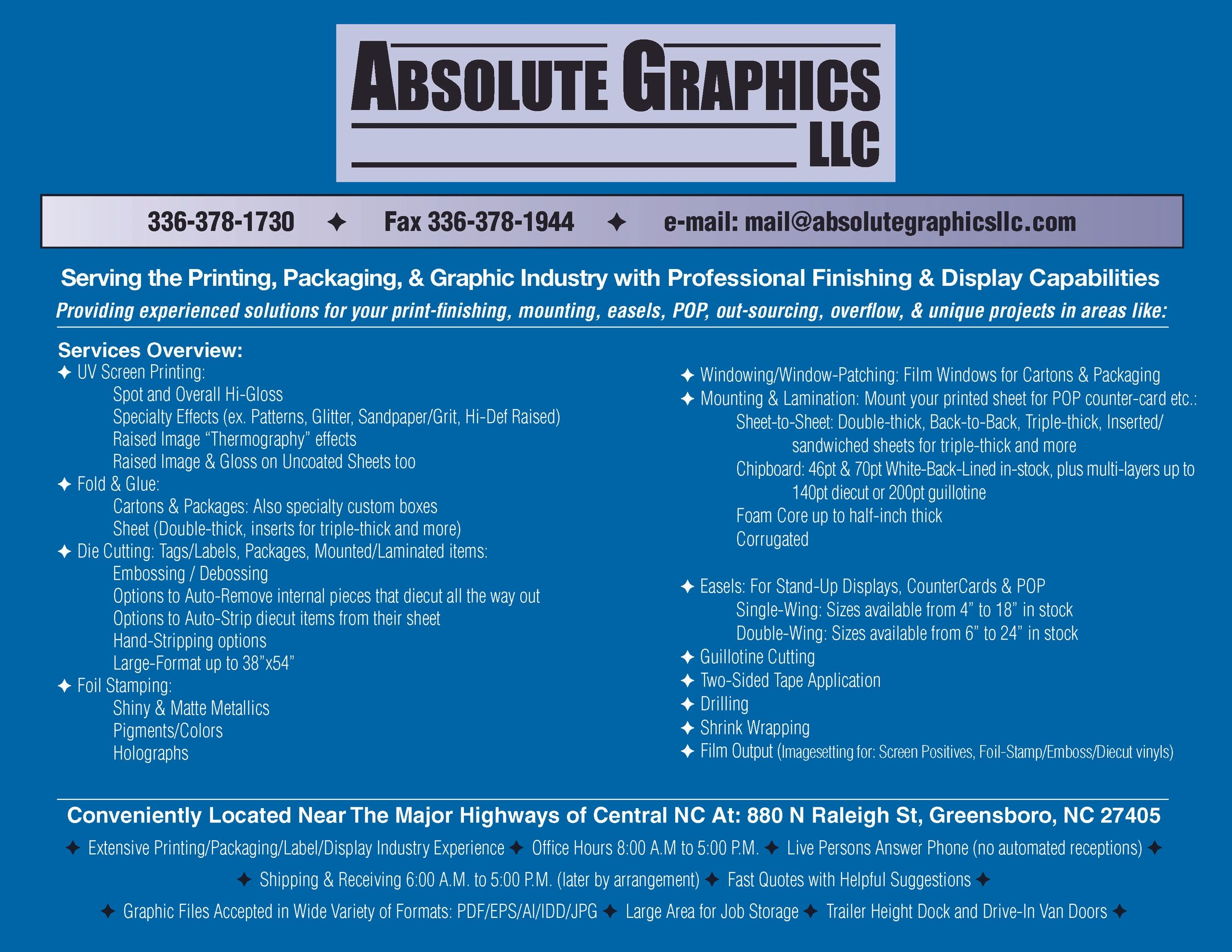 Serving the Printing, Packaging, & Graphic Industry with...
Professional Print-Finishing & Display 