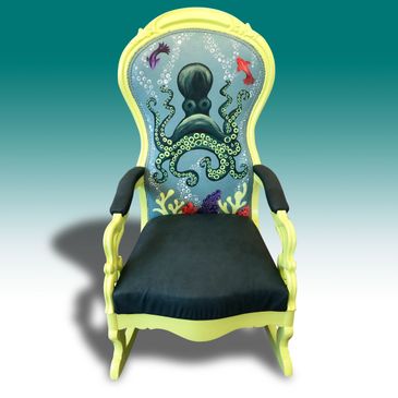 Hand-painted antique rocking chair with an underwater octopus theme.