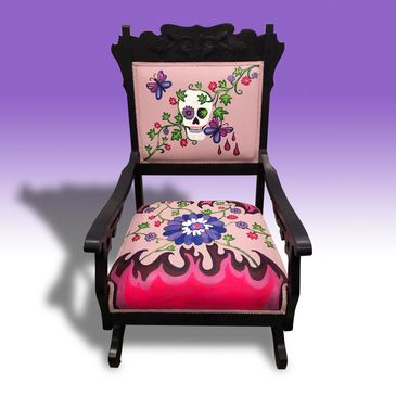 Hand-painted antique rocking chair with skull, flowers, ivy, flames, and butterflies