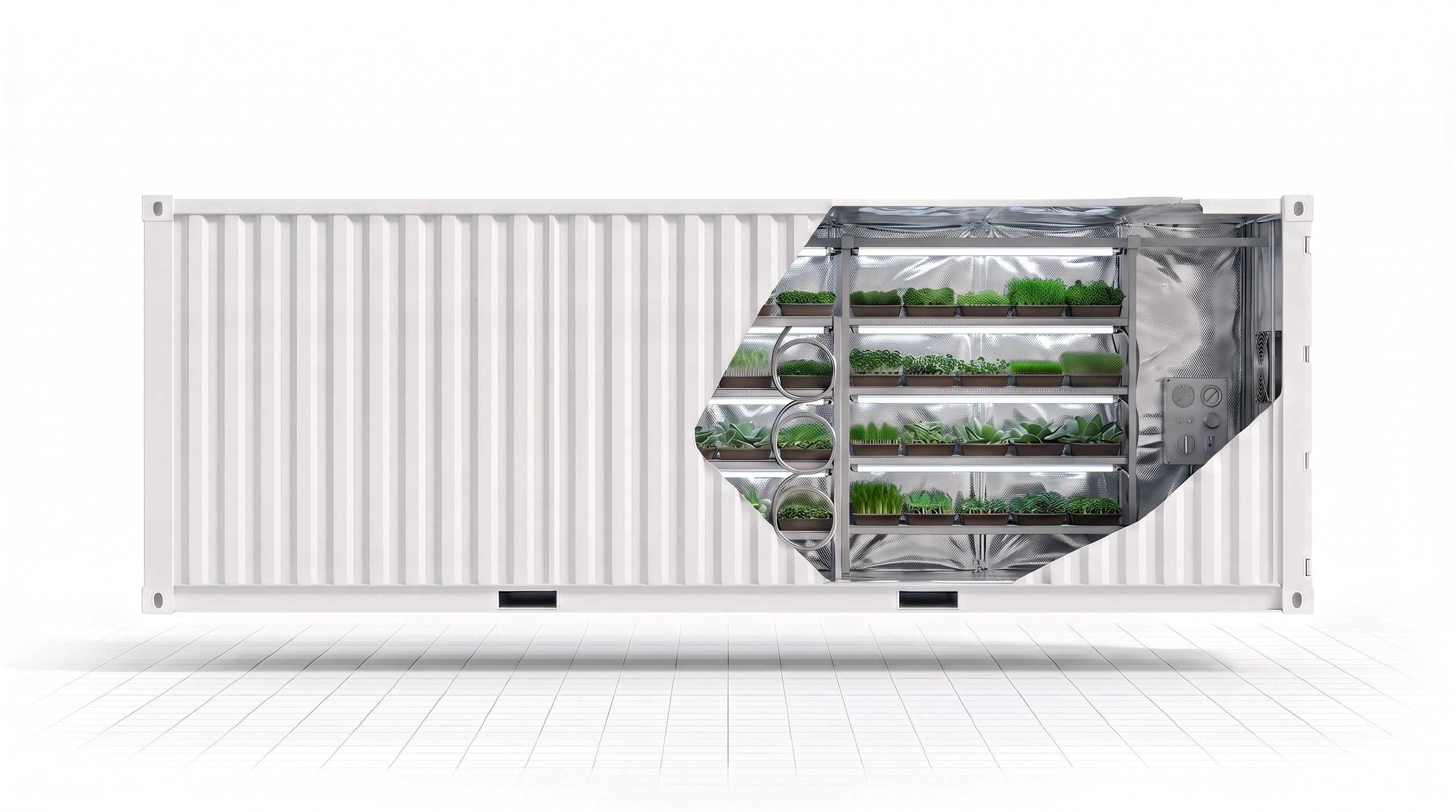 Shipping container transformed into a vertical indoor farm.