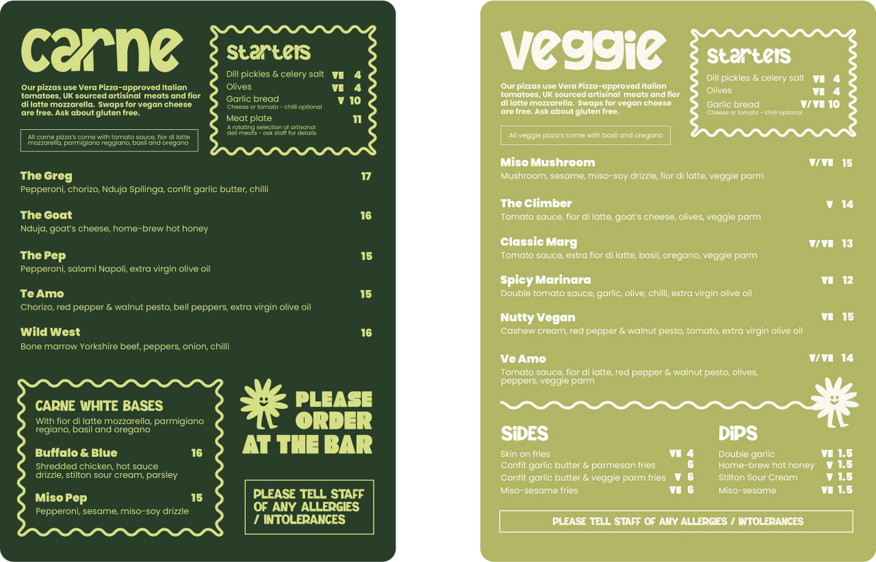 Pizza menu with meat and veggie options, including starters, sides, and dips, with allergen info.