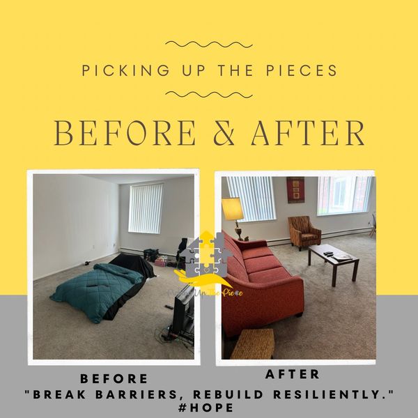 Before and after room transformation showing a cozy living space makeover.