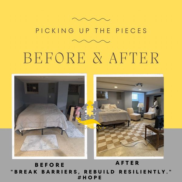 Before and after photos of a basement bedroom renovation showing a cozy, well-furnished space.