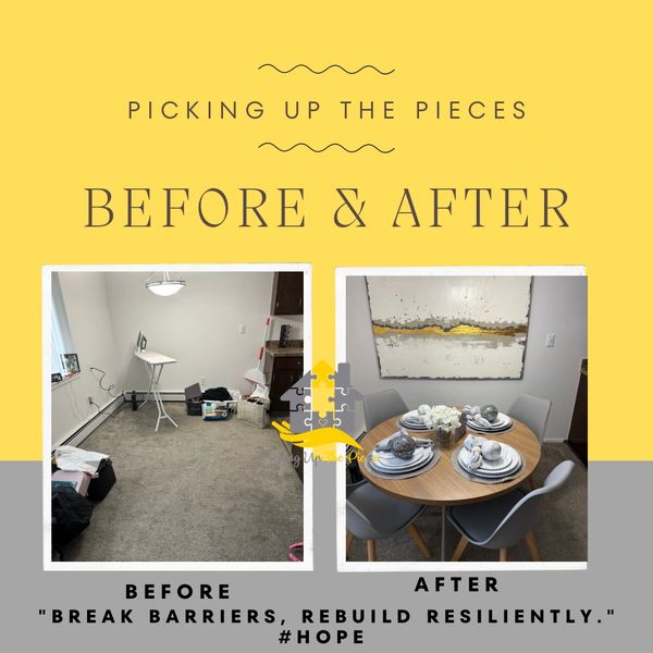 Room transformation from cluttered to stylish dining area.