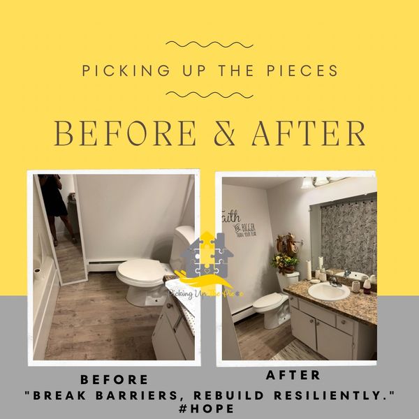 Bathroom makeover showing a simple before and a detailed after with decorations and a new curtain.