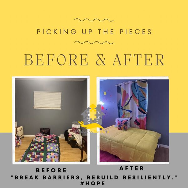 Before and after bedroom transformation with colorful decor and bedding.