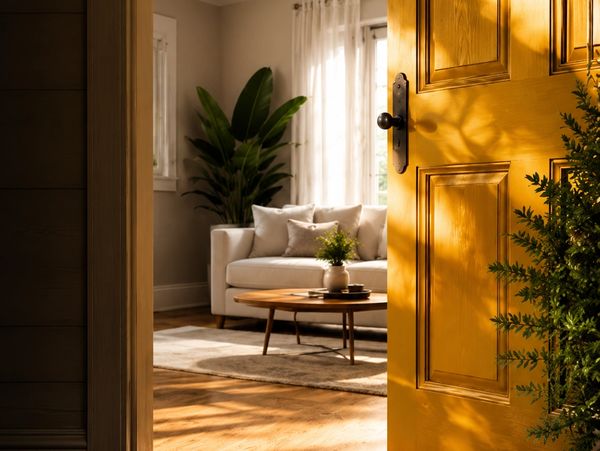 Sunny open door leading to a cozy living room with a sofa and plants.