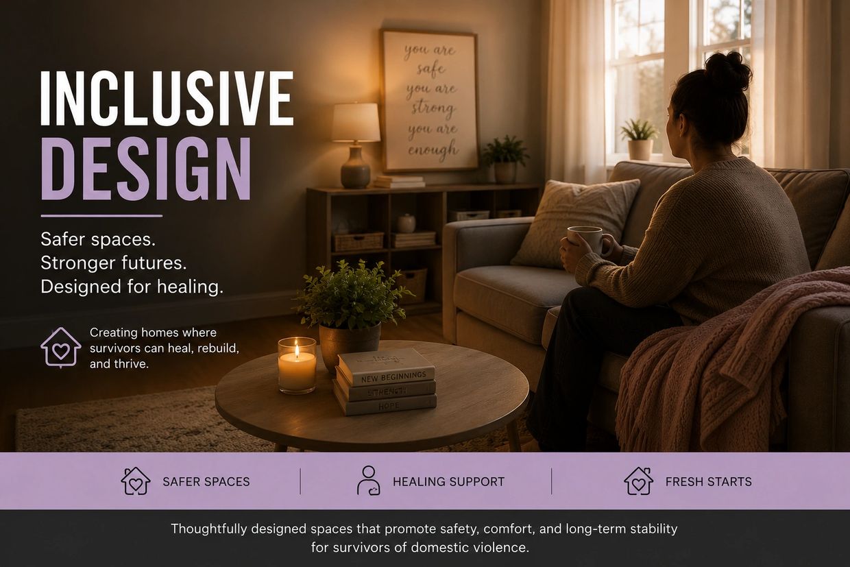 Woman sitting in a cozy living room promoting inclusive design for healing and safety.