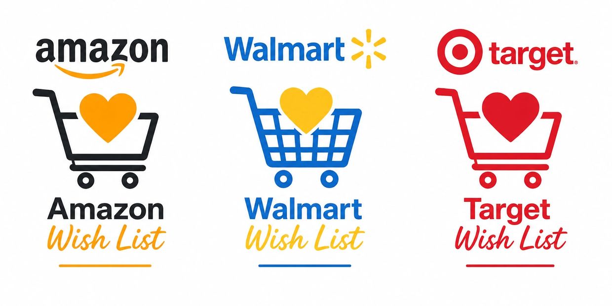Logos of Amazon, Walmart, and Target with shopping carts and hearts for wish lists.