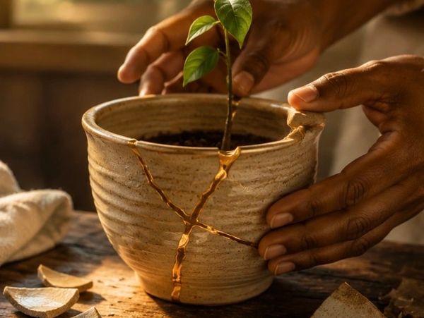 Hands holding a repaired ceramic pot with a plant inside.
