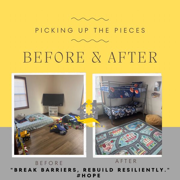 Room transformed from messy to neat with bunk beds and organized space.