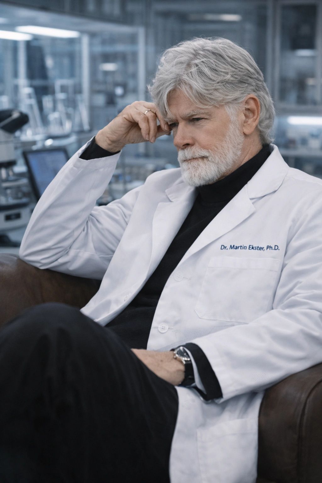 Elderly male scientist deep in thought in a lab setting.