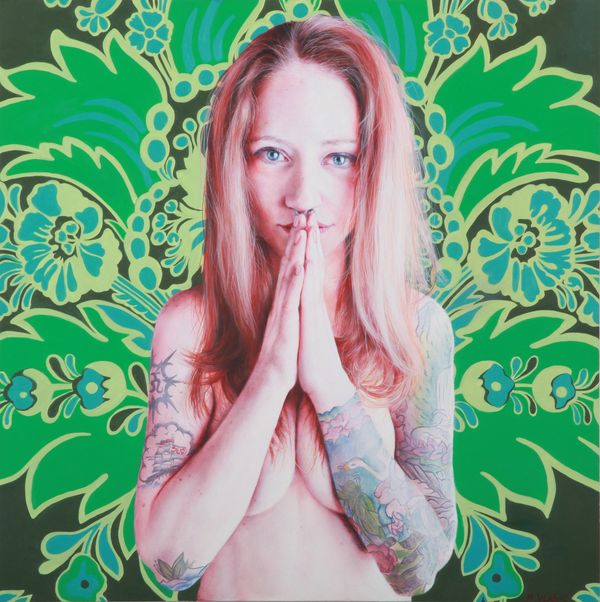 "Red" oil painting on board, figurative realism. Tattooed female nude. Contemporary art.