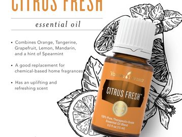 Bottle of Citrus Fresh essential oil with citrus illustrations.