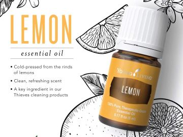 A bottle of lemon essential oil with illustrated lemon slices.