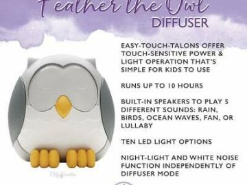 Feather the Owl diffuser with touch-sensitive power and soothing sounds for kids.