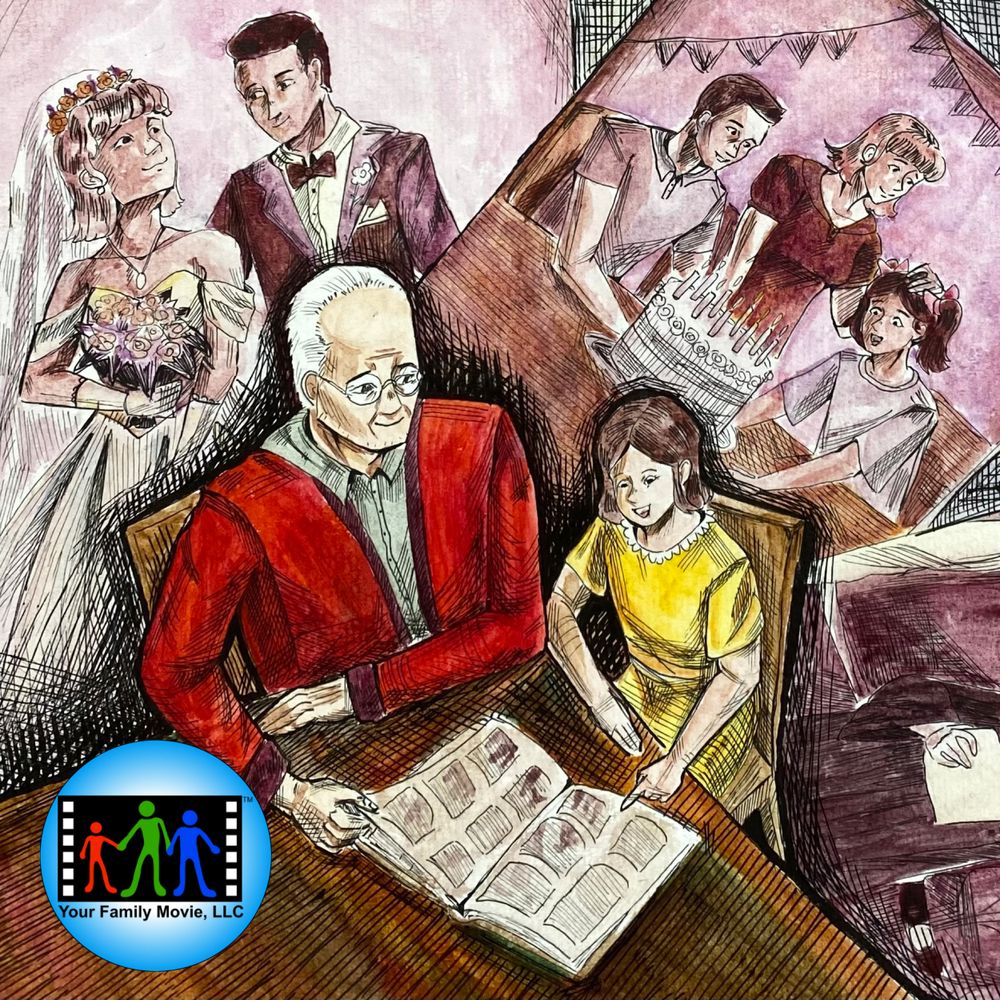 Illustration of a grandfather showing his photo album to a young girl