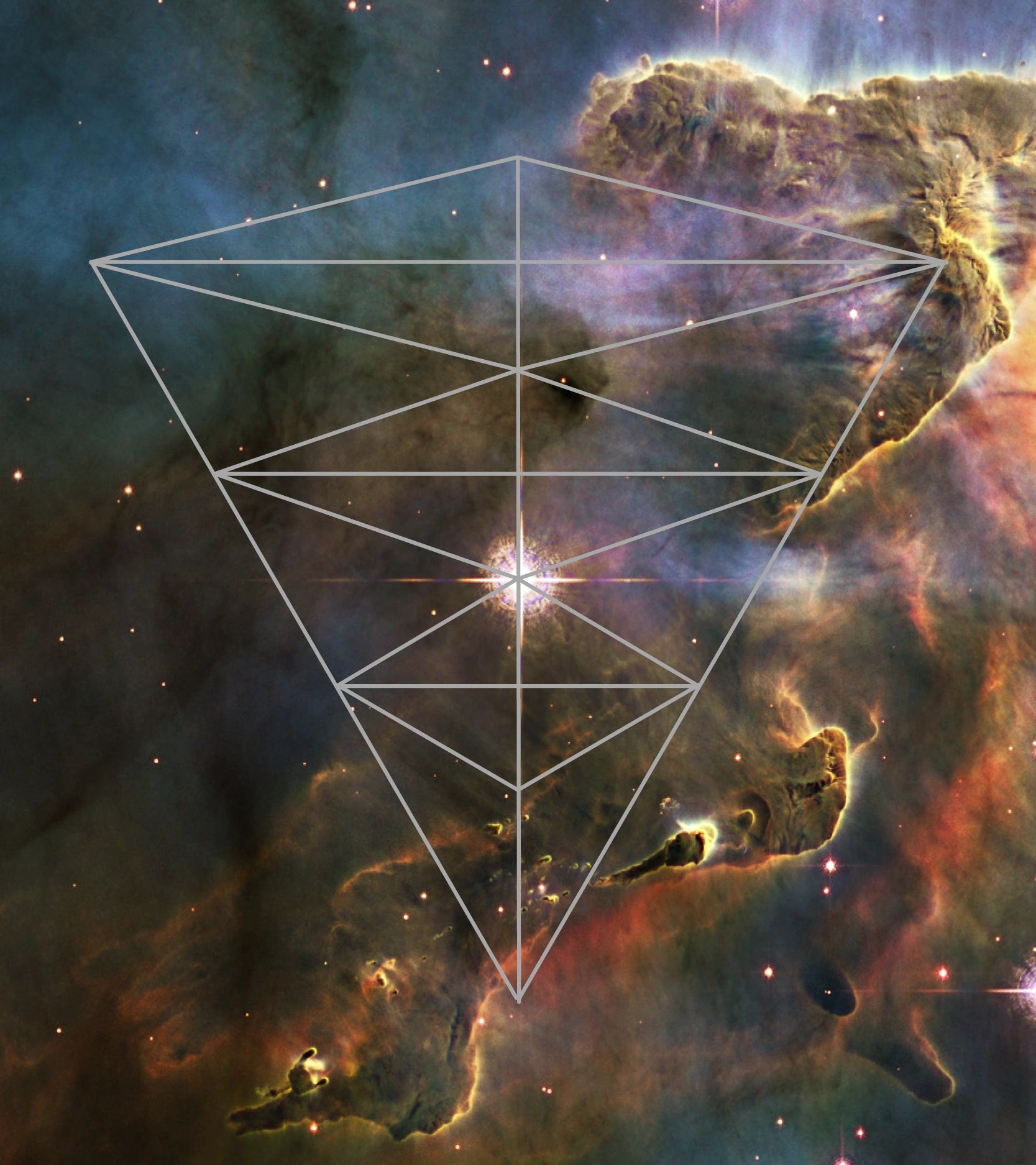 Geometric lines overlay a vibrant cosmic nebula with stars and colorful gas clouds.