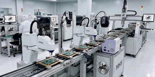 Automated robotic assembly line producing circuit boards in a clean room.