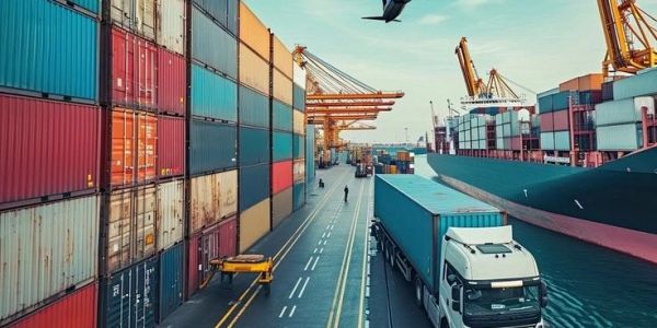 Shipping containers and trucks at a busy port with cranes and a cargo ship.