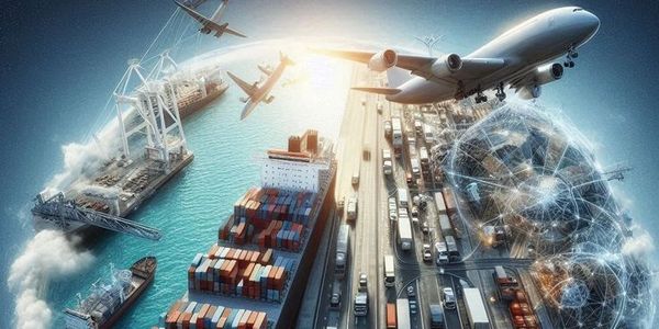 A digital illustration of global transportation and logistics with ships, planes, and trucks.