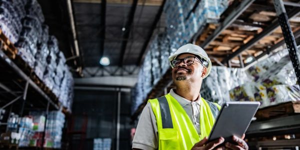 Warehouse worker in safety gear holding a tablet and smiling.