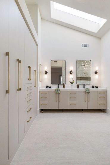 Beautiful home design with integrated floating custom cabinets finished in Buff Linen by Salt