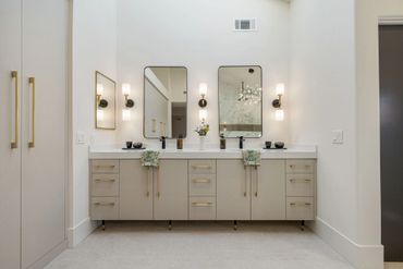 Beautiful home design with integrated floating custom cabinets finished in Buff Linen by Salt