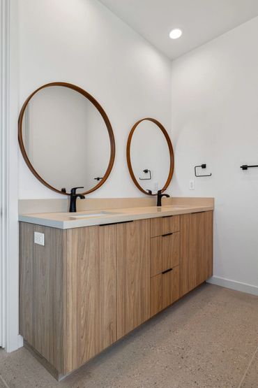 Olmo Miele by Salt used for custom cabinets in modern kitchen design for beautiful Yucca Valley home