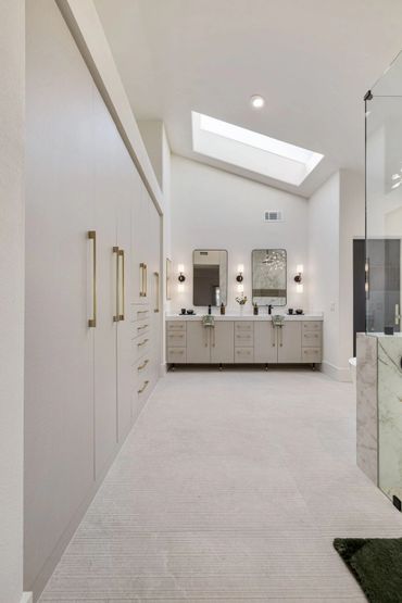 Beautiful home design with integrated floating custom cabinets finished in Buff Linen by Salt