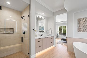 Modern bath/vanity design with integrated custom cabinets in Khaki Linen by Salt for Indio home.