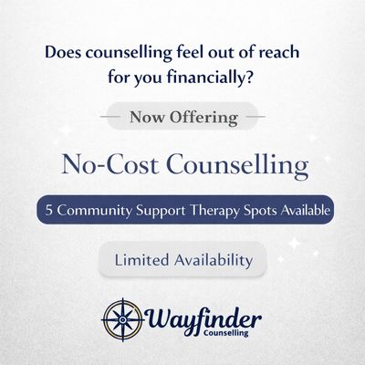 Advertisement for no-cost counselling with limited community support therapy spots available.