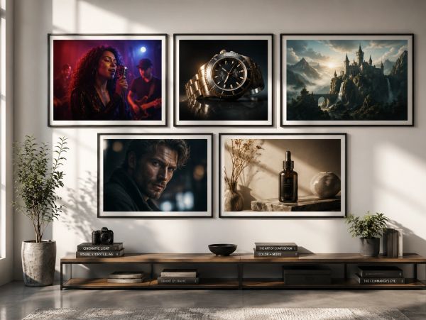 Gallery wall with diverse framed photography above a wooden console.