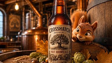 Bottle of Crosshatch Nut Brown Ale with animated squirrel.