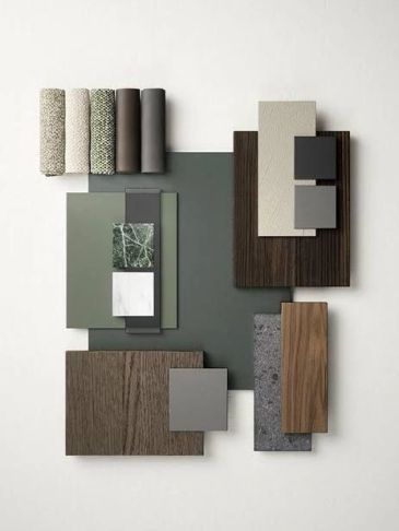 Flat lay of various fabric swatches and wood samples in neutral tones.