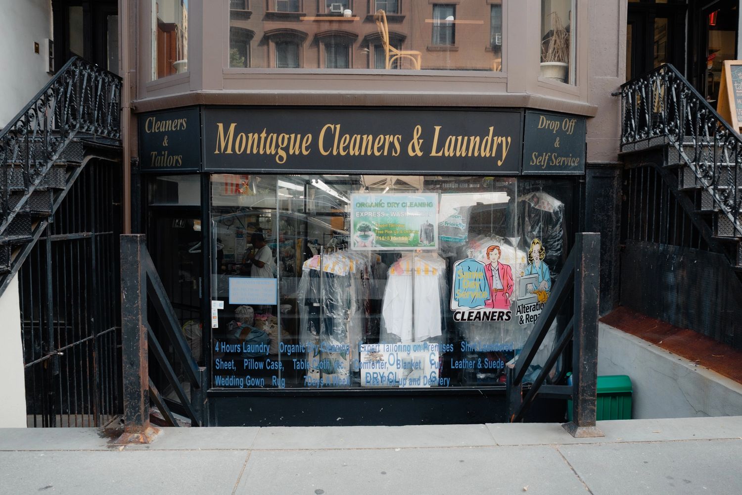Montague Cleaners storefront in Brooklyn Heights with signage and front drop-off area