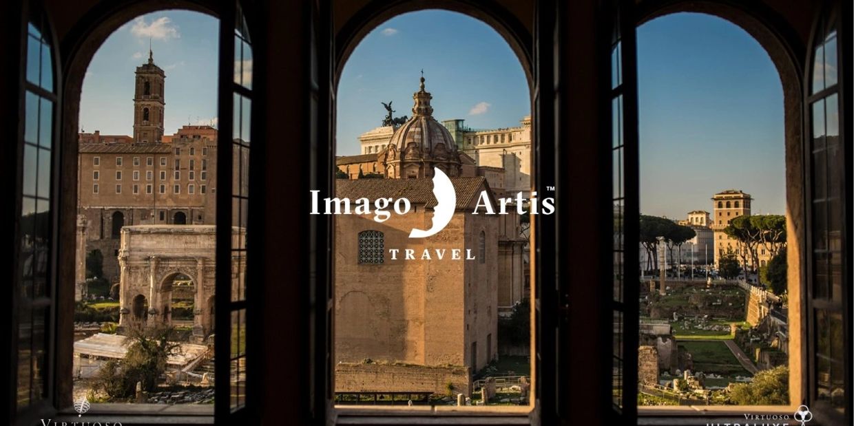 Ancient Roman ruins viewed through arched windows with travel logo.