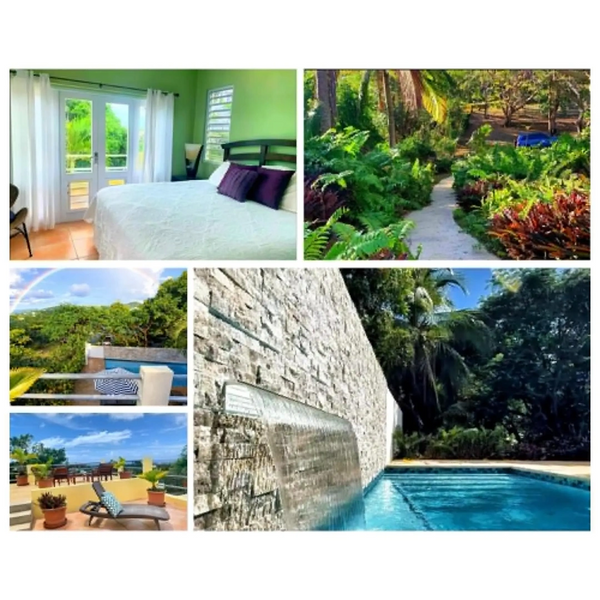 Collage of serene bedroom, lush garden path, pool with waterfall, and sunny patio views.