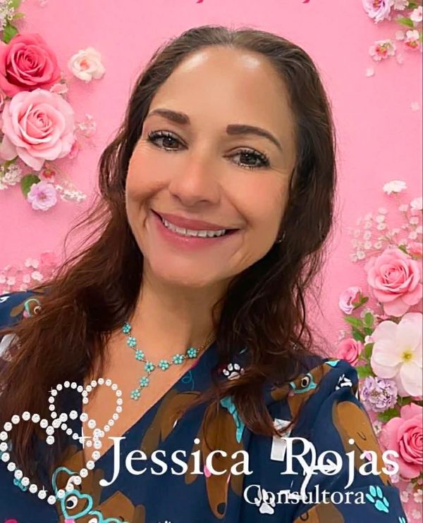 Smiling woman with floral background and text overlay.