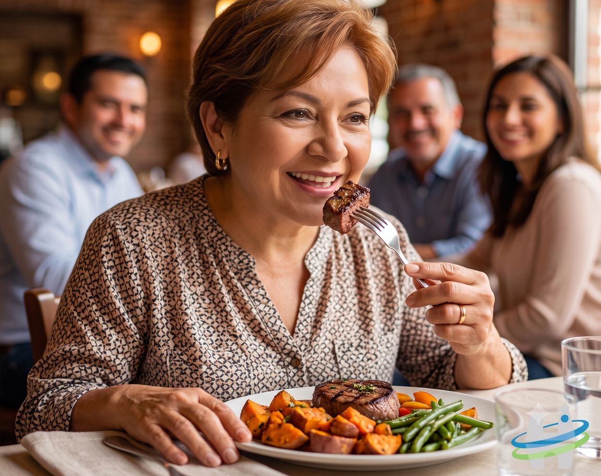 Mujer disfrutando una comida con amigos en un restaurante.