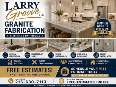 Advertisement for Larry Groove LLC's granite fabrication services for kitchens and bathrooms.