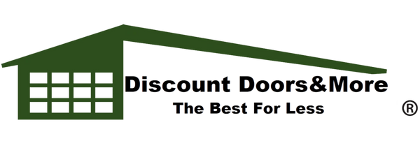Logo of Discount Doors & More with a house roof and window design.