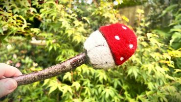 Image of the Fly Agaric inspired beater. A red capped mushroom with white spots on a birch beater