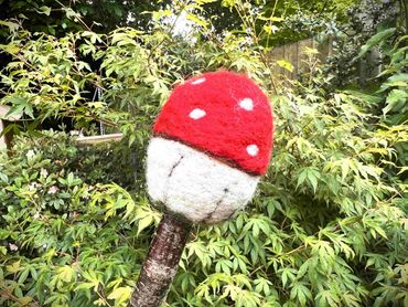 Zoomed in view of red and white colour of felt. Red cap has white spots.