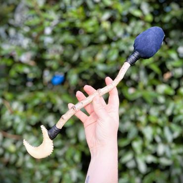 Double End Rattle and Beater - Blue suede beater and crescent moon rattle.