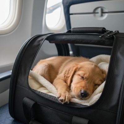 Golden retriever puppy sleeping peacefully in a black pet carrier on an airplane seat.